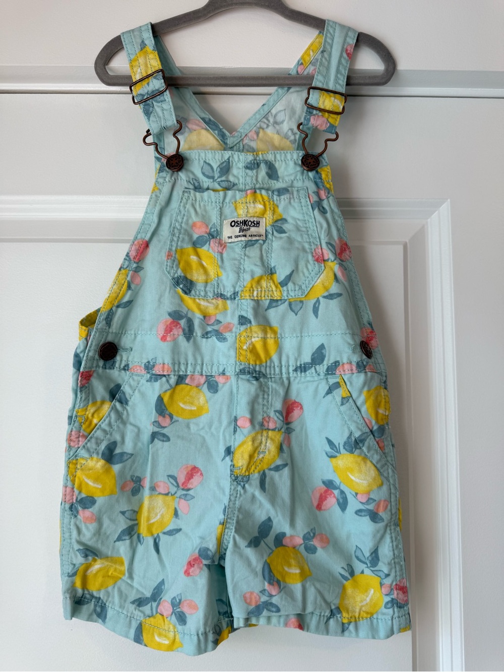 OshKosh B’Gosh Toddler Lemon Print Shortalls Overalls Aqua Yellow Pink Size 4T